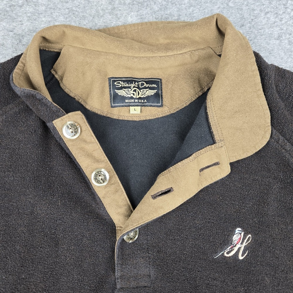 Straight Down Golf Sweater Mens Large Brown Pullover Henley USA Suede Collar - Picture 2 of 11